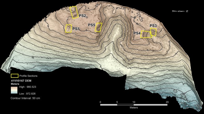 Plan view of Eagle Cave showing the location of the 5 Profile Sections excavated in 2014.