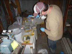 Dan Rodriguez impregnating micromorphological samples with MEKP in Jack Skiles’ shed. 
